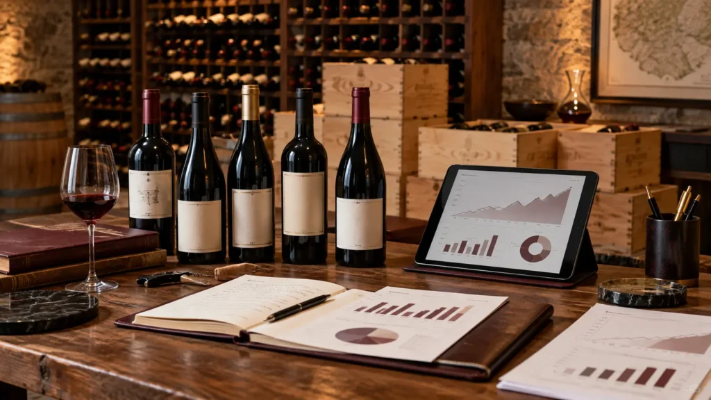 Wine investment research comparing five unlabeled bottles and portfolio charts