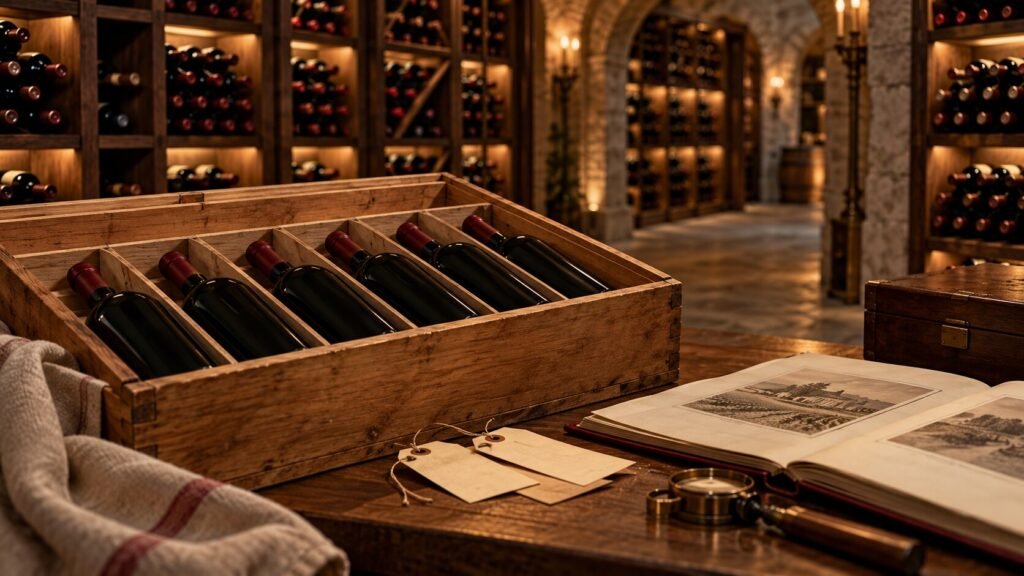 Unlabeled fine wine bottles in a wooden case inside a professional wine cellar