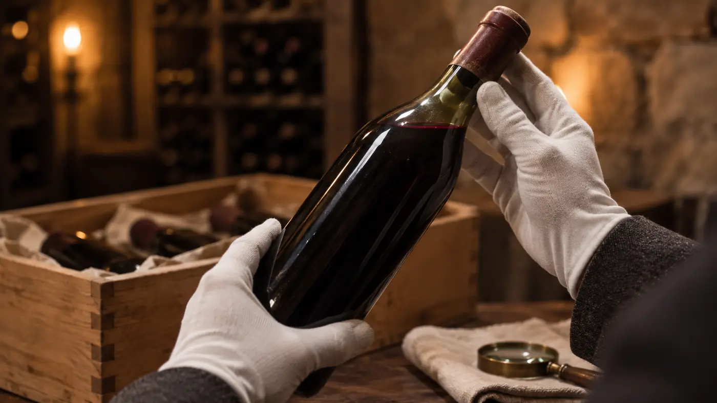 Gloved hands inspect the condition and provenance of a fine wine bottle