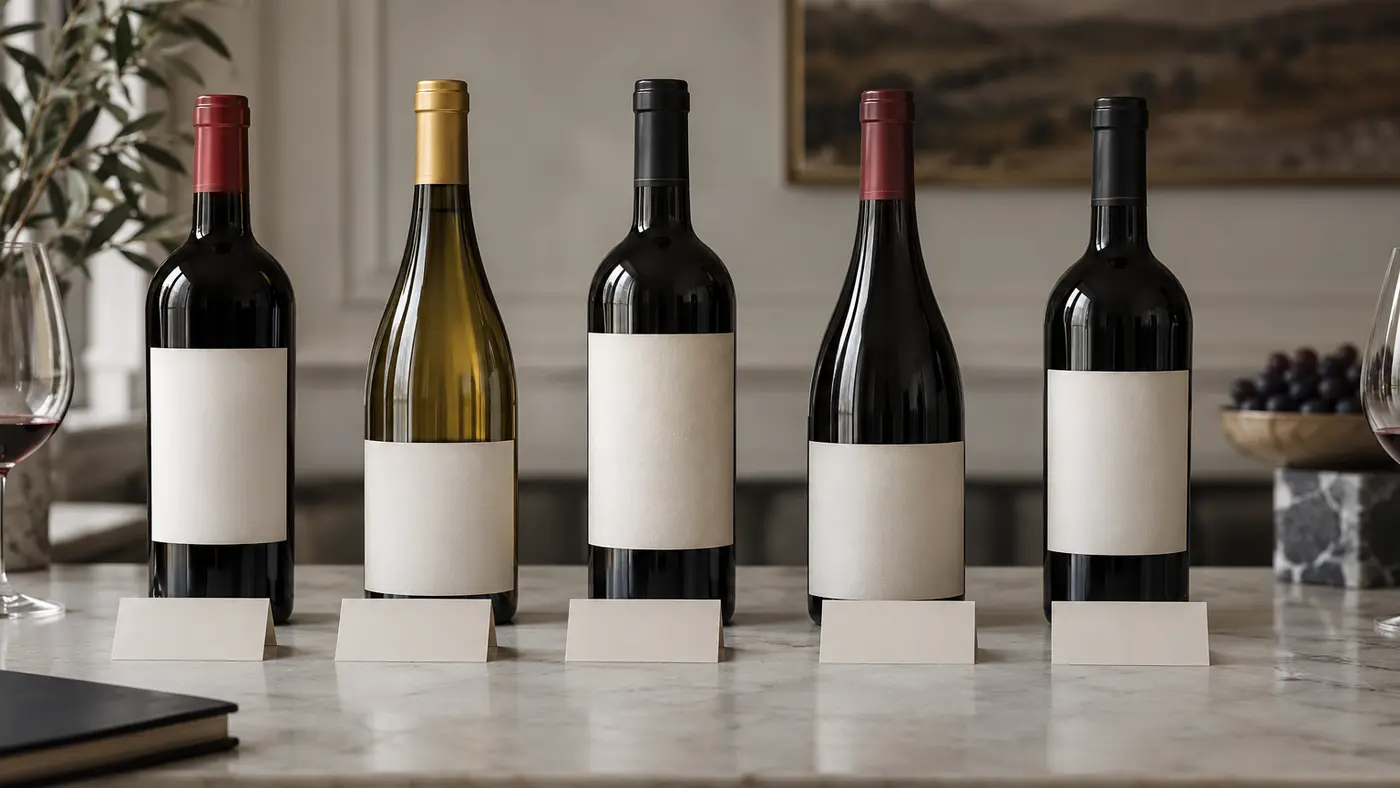Five unlabeled wine bottles arranged for an investment platform comparison