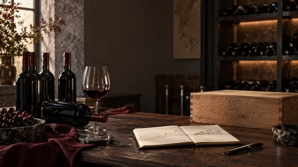 Fine wine bottles, a wooden case, and a notebook used to plan a wine investment