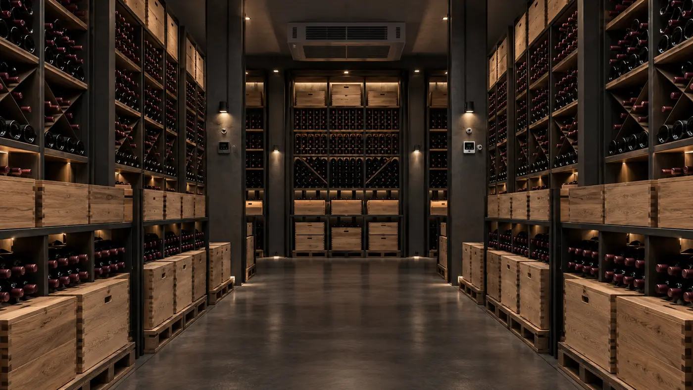 Fine wine cases and bottles stored in a climate-controlled professional warehouse
