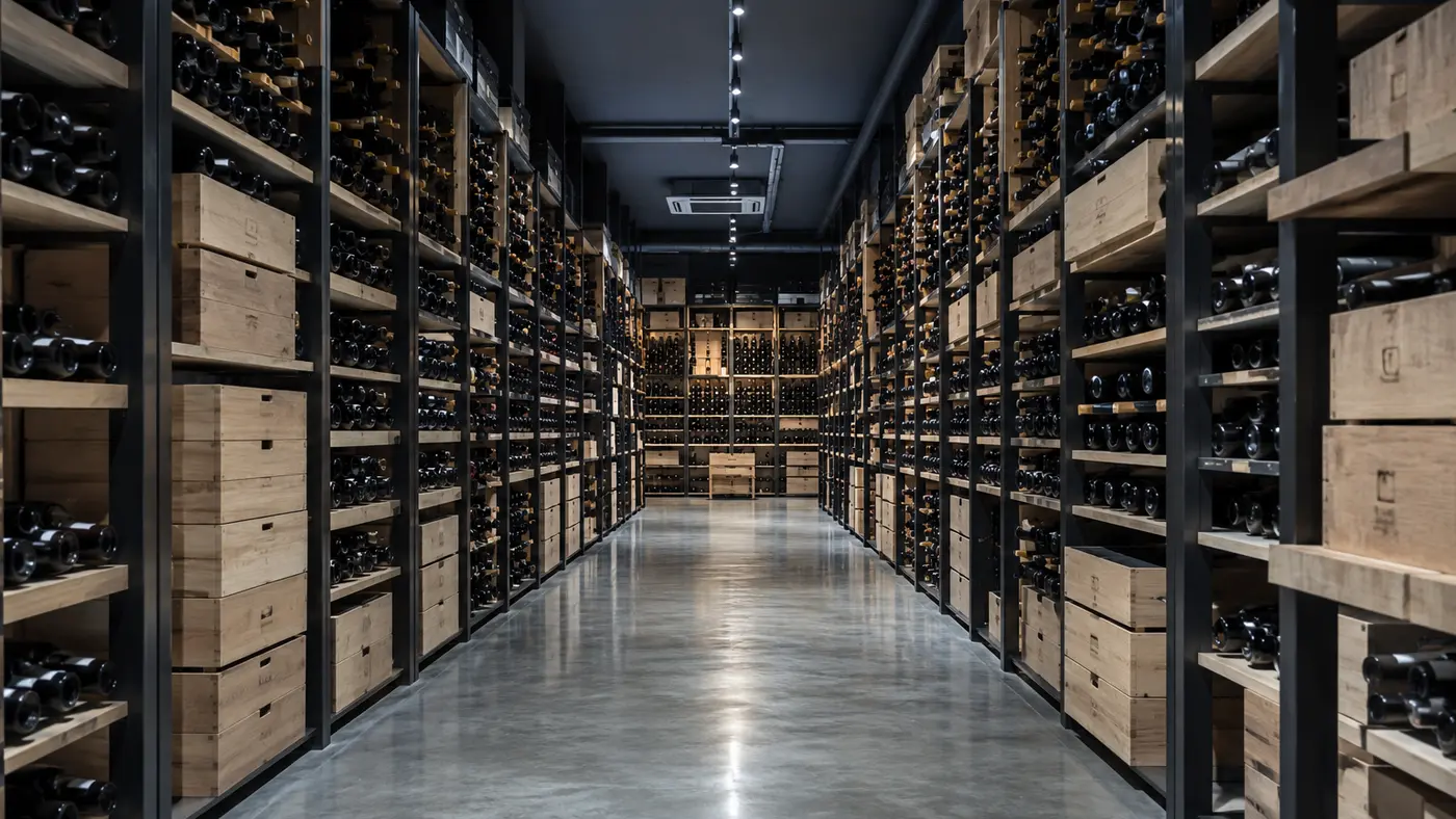 Climate-controlled professional storage facility with wine racks and wooden cases