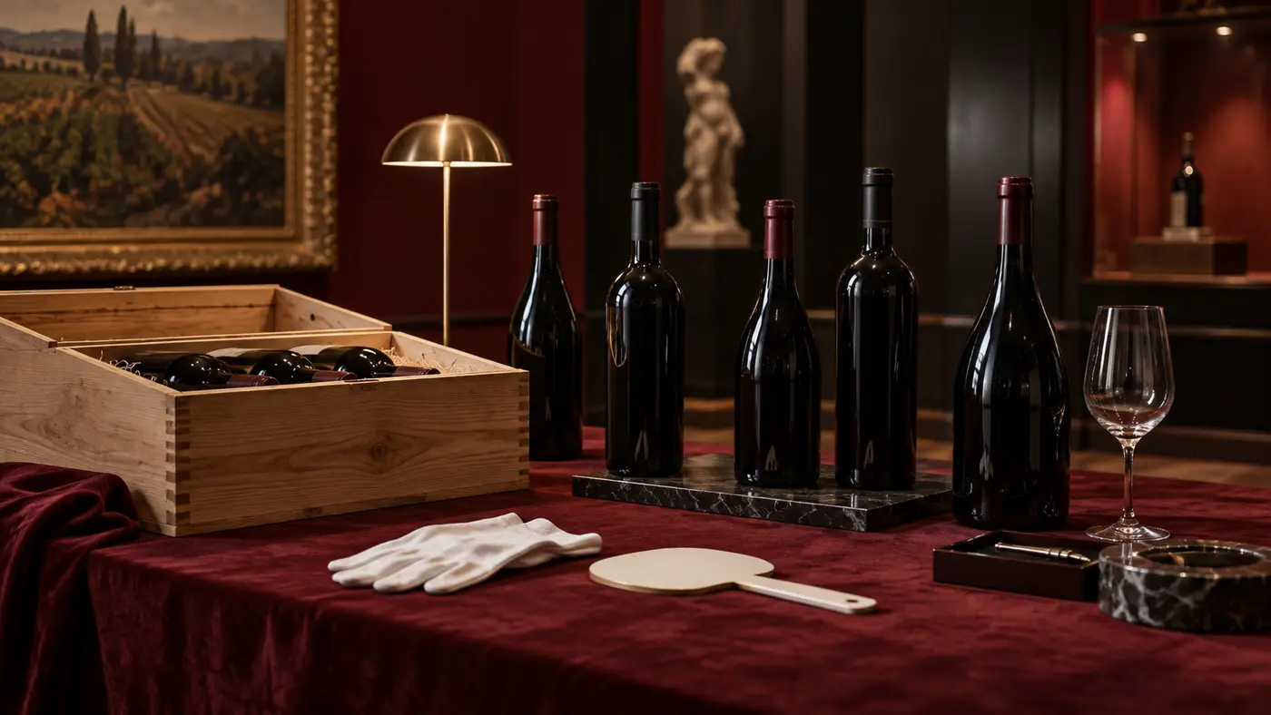 Unlabeled fine wine bottles prepared for inspection before an auction sale