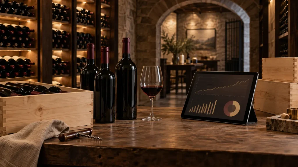 Fine wine bottles and portfolio chart in a professional wine cellar