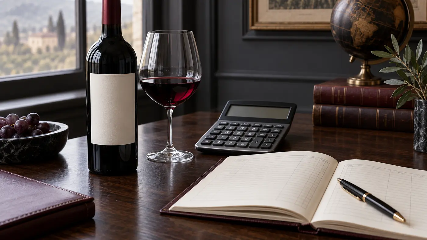 Wine bottle, calculator, and ledger illustrating wine investment costs