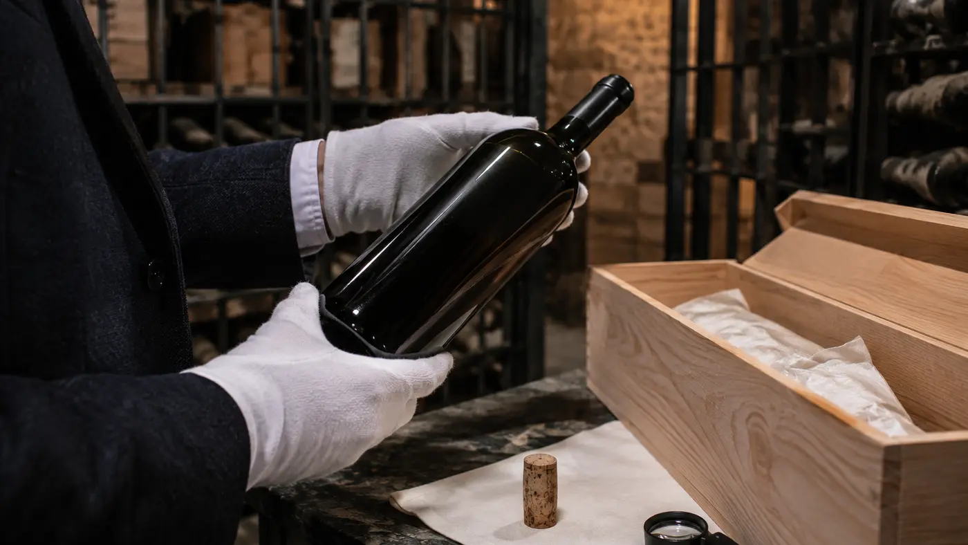 Fine wine case labels and provenance records being checked