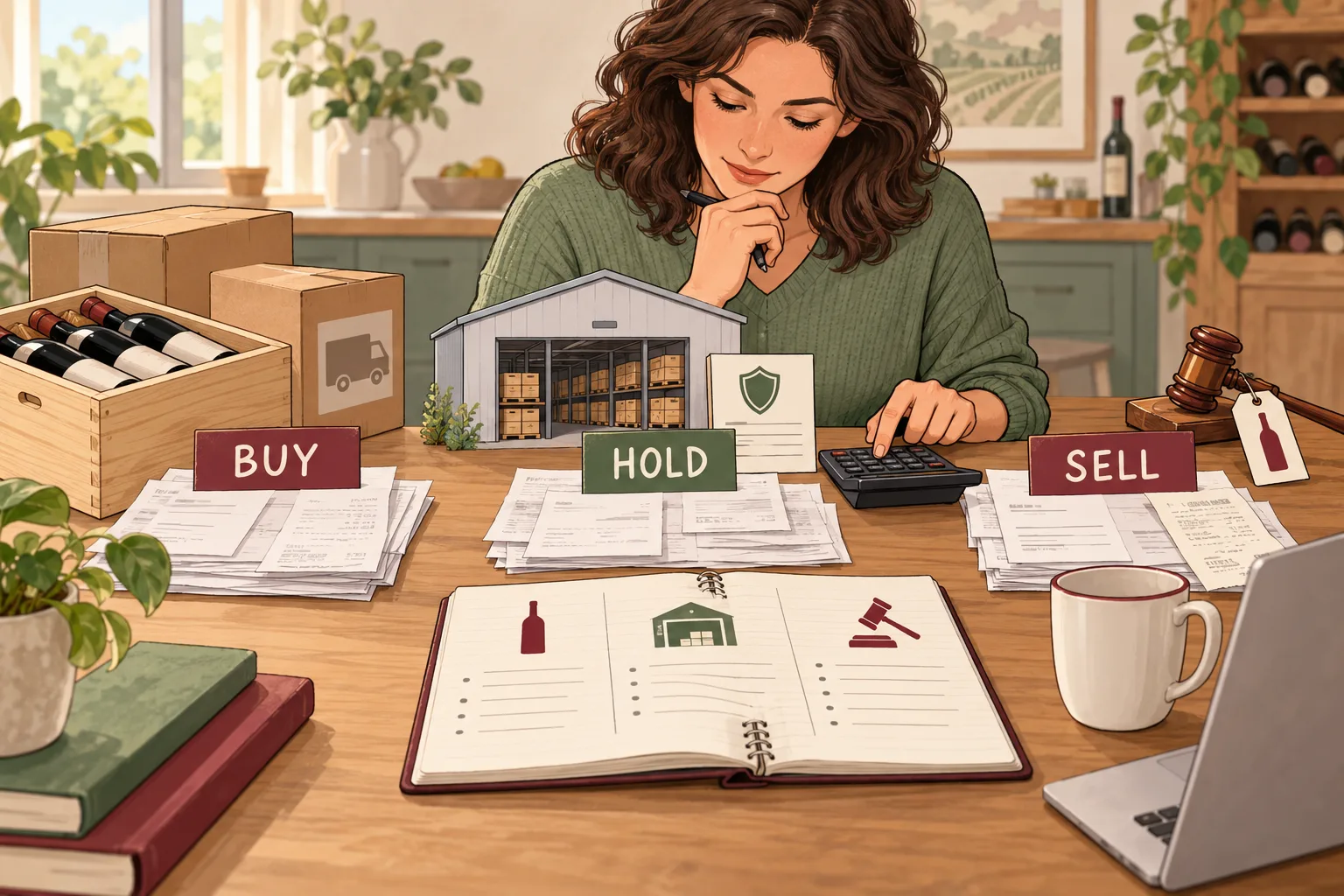 Illustration of an investor adding buying, storage, insurance, and selling bills with a calculator.