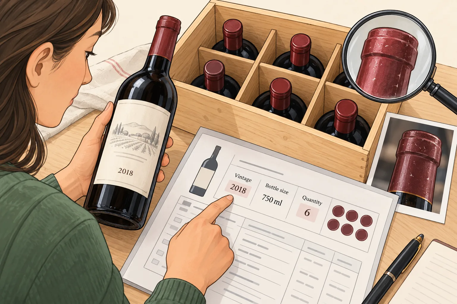 Illustration of a buyer matching a bottle's 2018 vintage and a six-bottle inventory record while inspecting the capsule.