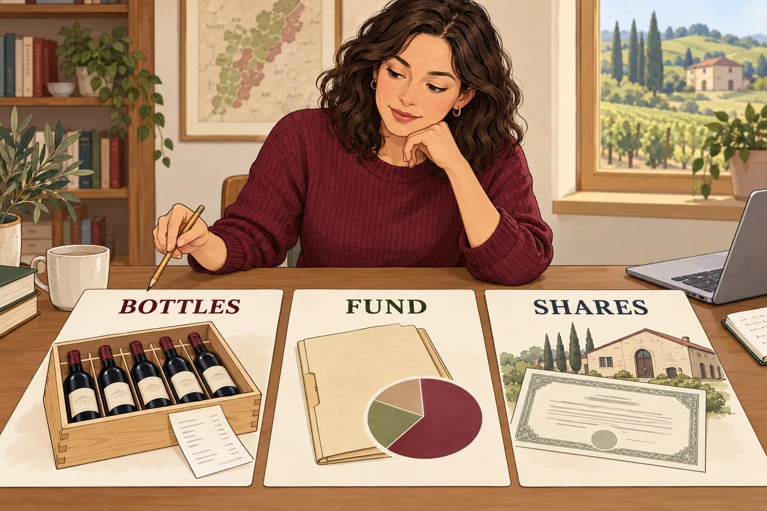 Illustration of a beginner comparing bottle ownership, a fund interest, and shares in a wine-related company.