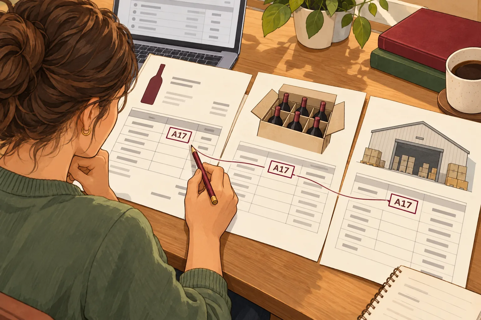 Illustration of matching the fictional stock identifier A17 across purchase, allocation, and warehouse records.