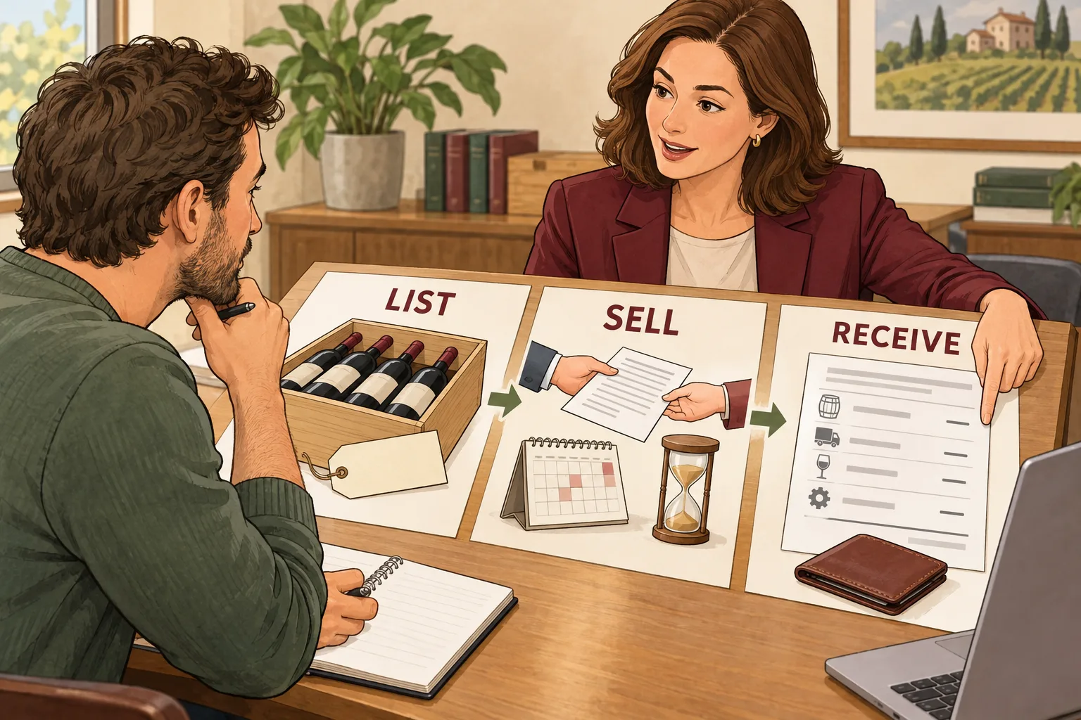 Illustration of an investor reviewing listing, sale timing, and a settlement statement with deductions before cash is received.