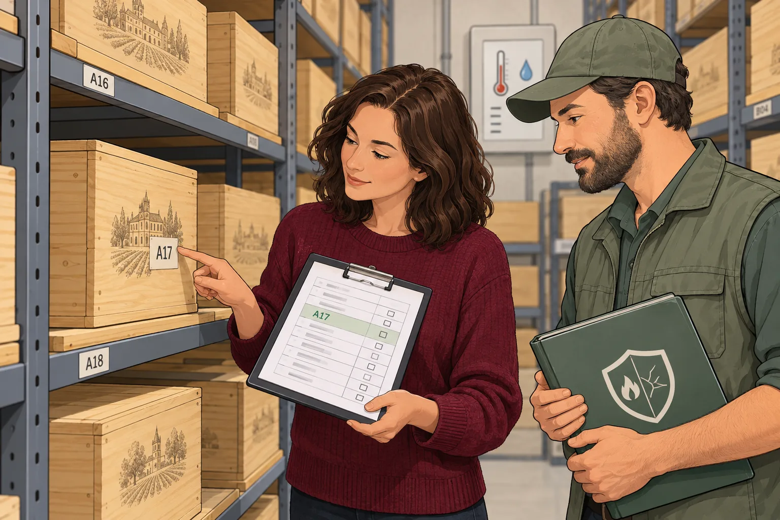 Illustration of a customer checking case A17 against an inventory with a warehouse employee beside a climate monitor.