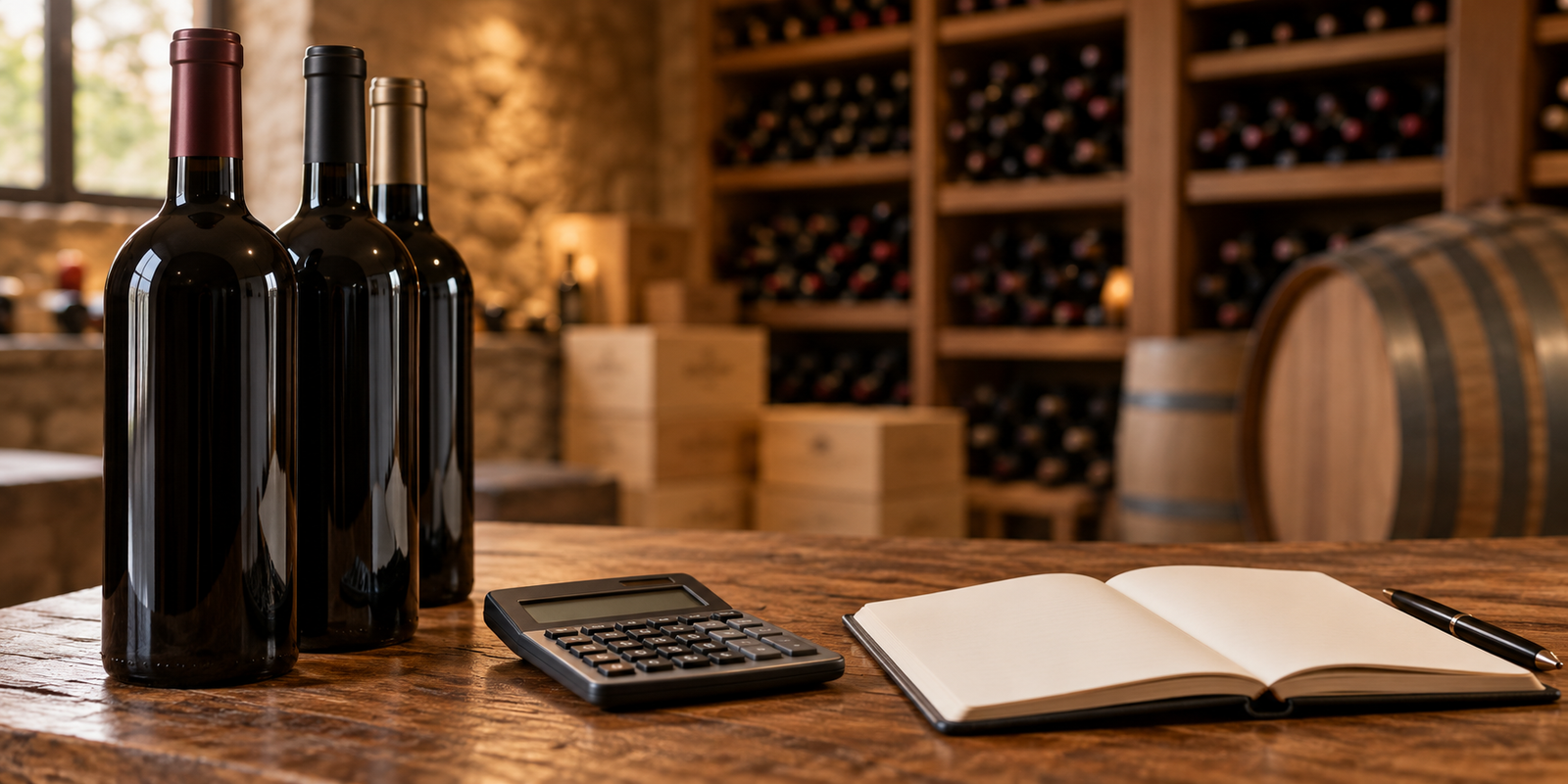Unbranded wine bottles, a calculator and a blank notebook on a wooden table