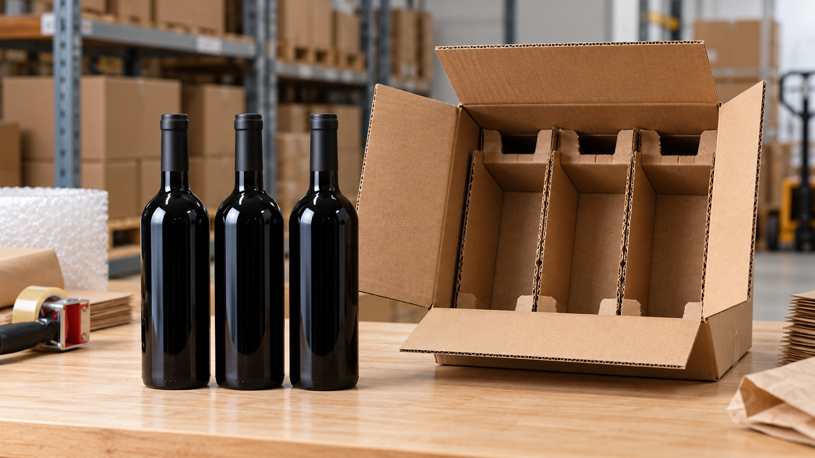 Unbranded wine bottles beside protective cardboard shipping packaging