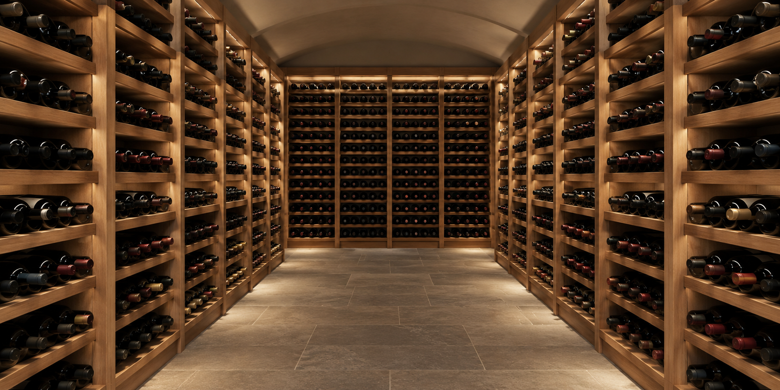 Wine bottles resting horizontally in wooden cellar racks